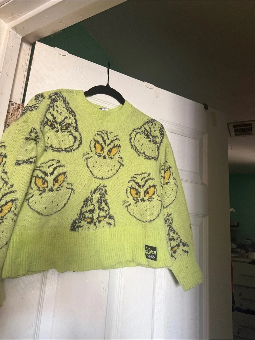 Justice Lime Green Grinch Face Knit Sweater with Yellow Eyes